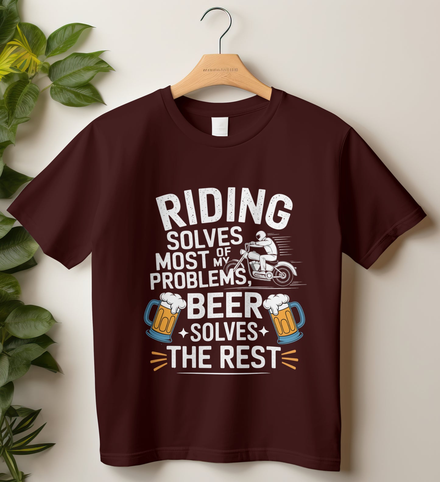Biker T-Shirt Round Neck Half Sleeve (Riding Solves Most of My Problems)