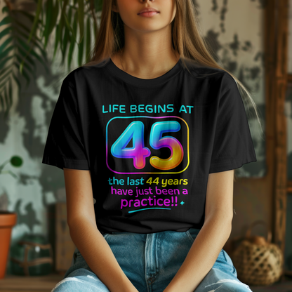 45th Birthday Unisex Classic Crew T-Shirt (Life Begins at 45 colorful)