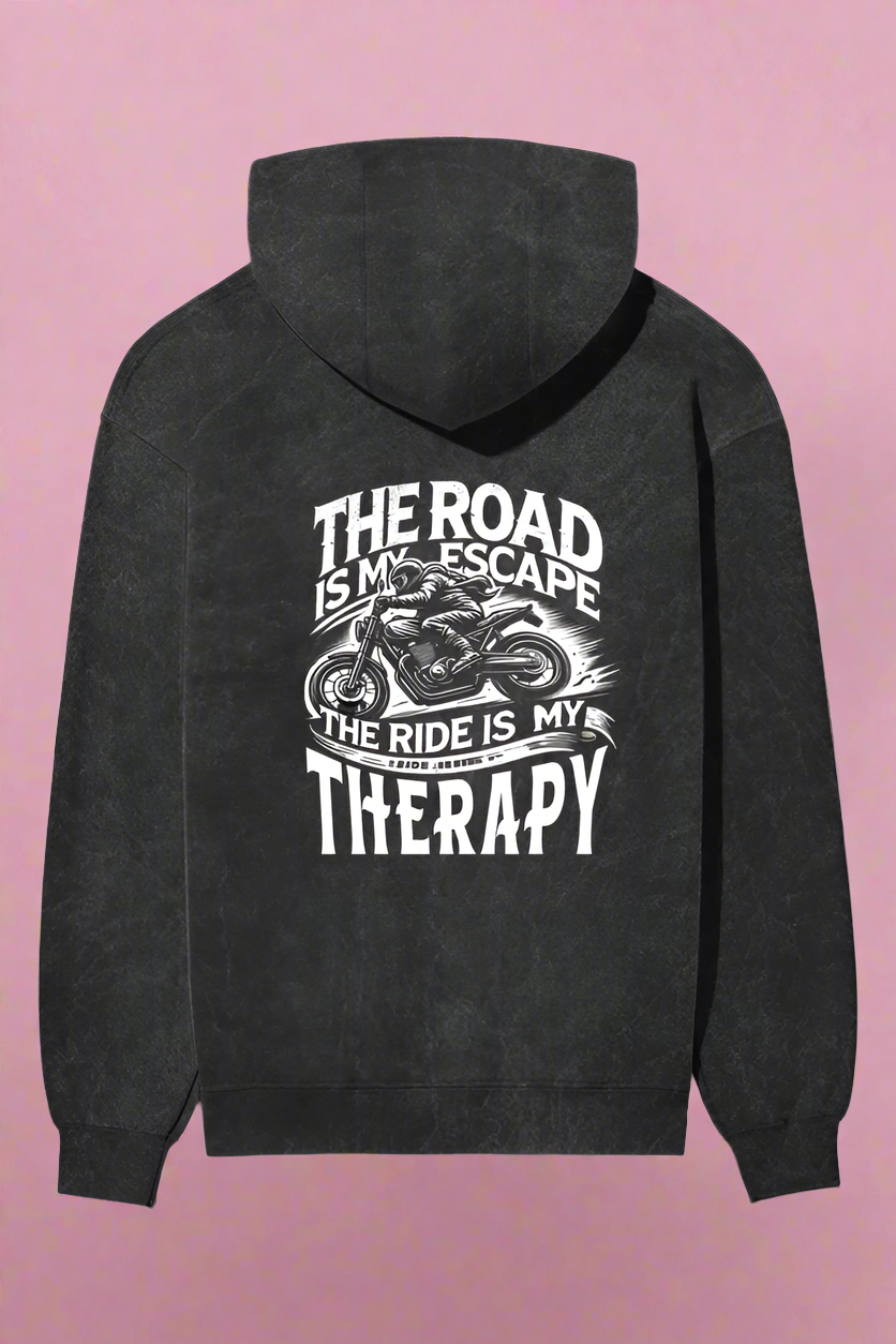 Unisex Full Sleeve Acid Wash Bikers Hoodie - Back Side Print (The Road is my Escape)