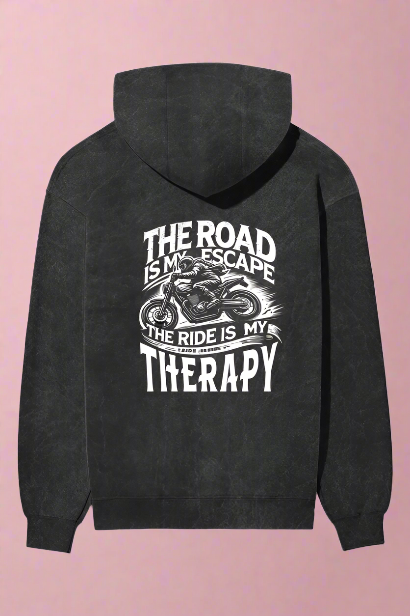 Unisex Full Sleeve Acid Wash Bikers Hoodie - Back Side Print (The Road is my Escape)