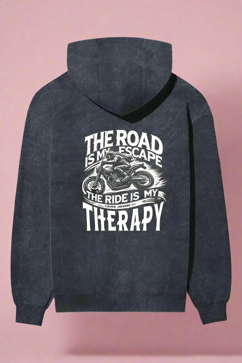 Unisex Full Sleeve Acid Wash Bikers Hoodie - Back Side Print (The Road is my Escape)