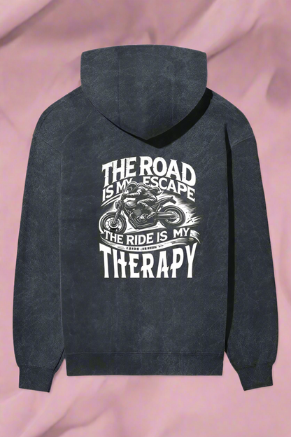 Unisex Full Sleeve Acid Wash Bikers Hoodie - Back Side Print (The Road is my Escape)
