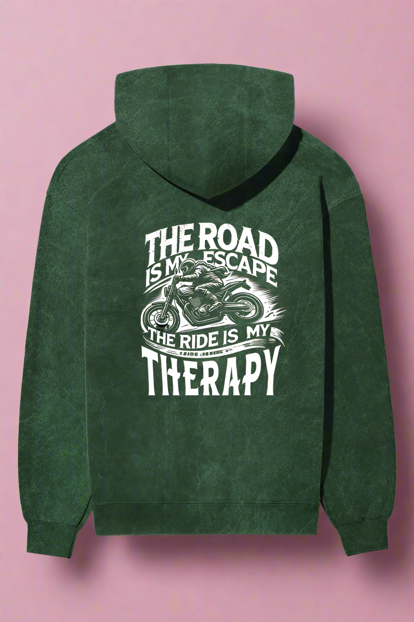 Unisex Full Sleeve Acid Wash Bikers Hoodie - Back Side Print (The Road is my Escape)