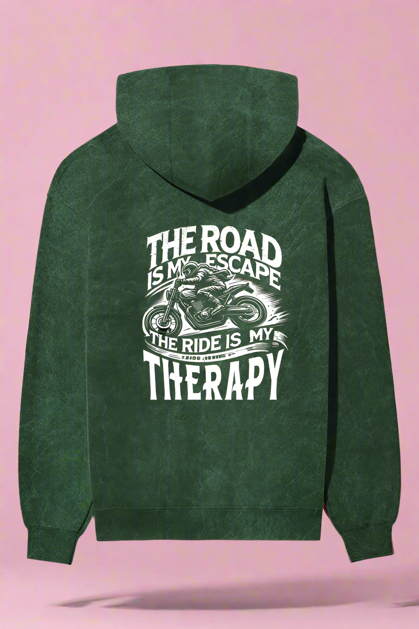 Unisex Full Sleeve Acid Wash Bikers Hoodie - Back Side Print (The Road is my Escape)
