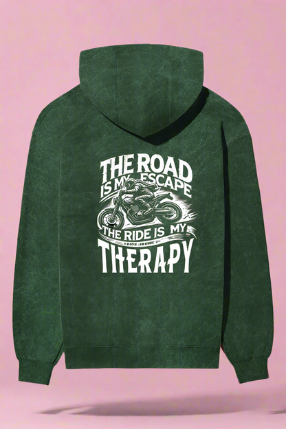 Unisex Full Sleeve Acid Wash Bikers Hoodie - Back Side Print (The Road is my Escape)