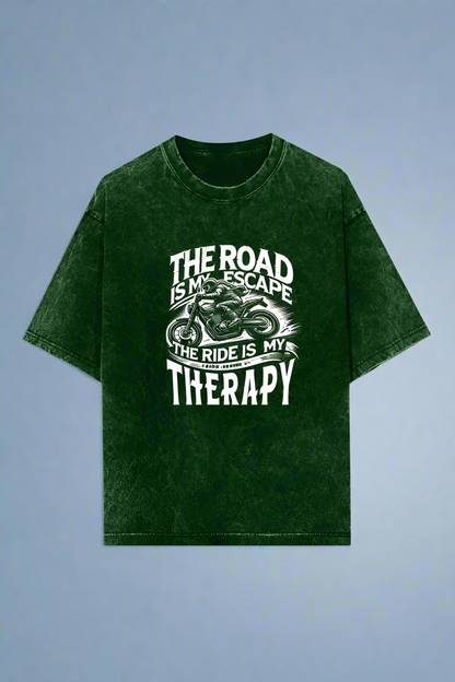 Round Neck Half Sleeve Acid Wash Oversized Biker T-Shirt (The Road is my escape)