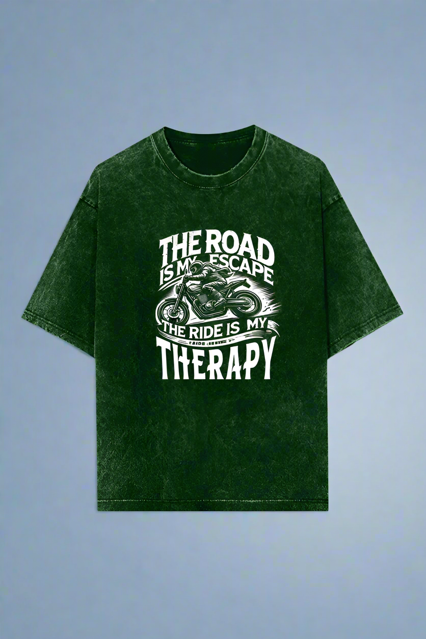 Round Neck Half Sleeve Acid Wash Oversized Biker T-Shirt (The Road is my escape)