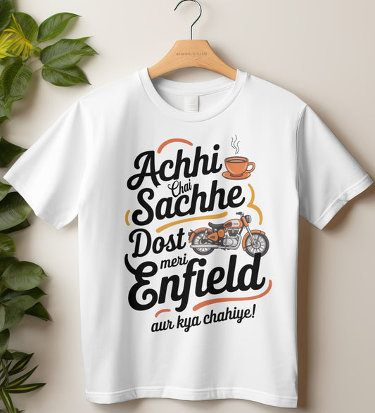 Round Neck Half Sleeve Biker T-Shirt (Achhi Chai Sachhe Dost Meri Enfield)