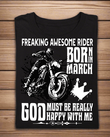 Round Neck Half Sleeve Biker T-Shirt (Freaking Awesome Rider Born in March)