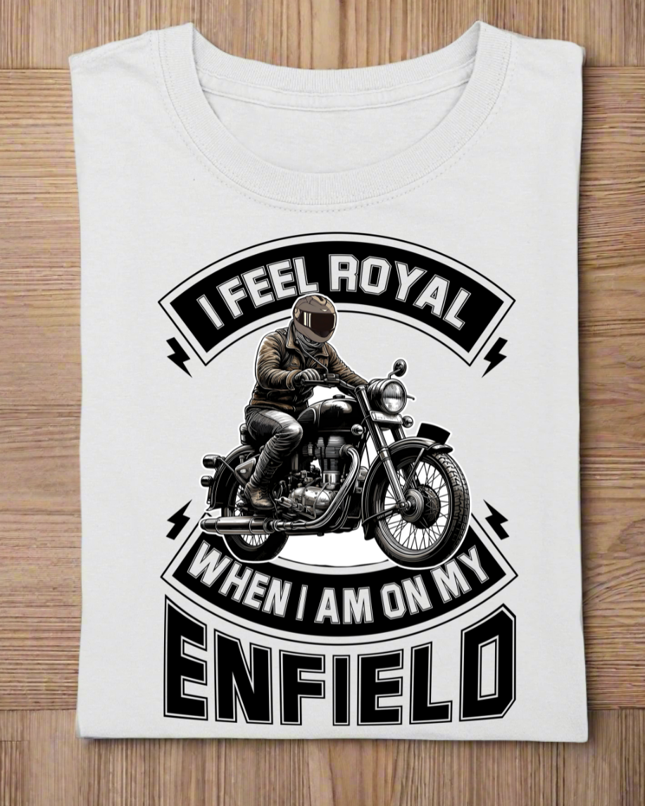 Round Neck Half Sleeve Biker T-shirt White (I feel Royal on my Enfield)