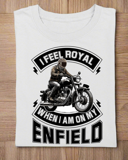 Round Neck Half Sleeve Biker T-shirt White (I feel Royal on my Enfield)
