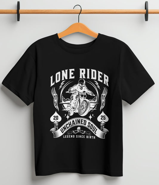 Biker T-Shirt Round Neck Half Sleeve (Lone Rider, Unchained Soul)