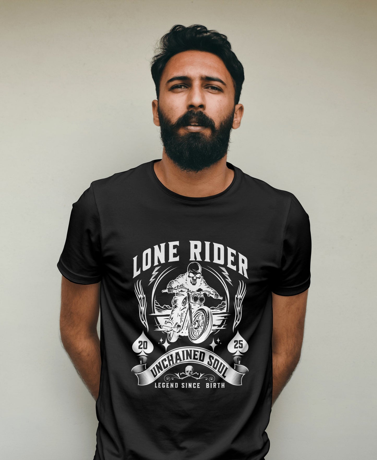 Biker T-Shirt Round Neck Half Sleeve (Lone Rider, Unchained Soul)