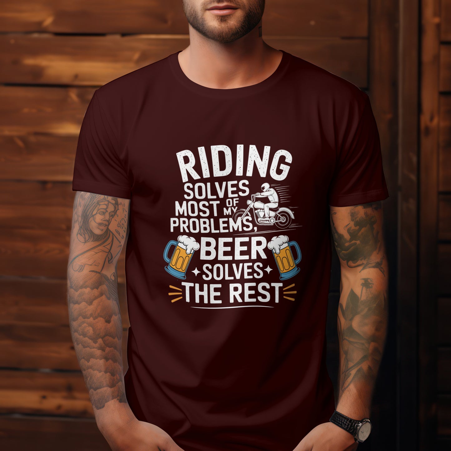 Biker T-Shirt Round Neck Half Sleeve (Riding Solves Most of My Problems)