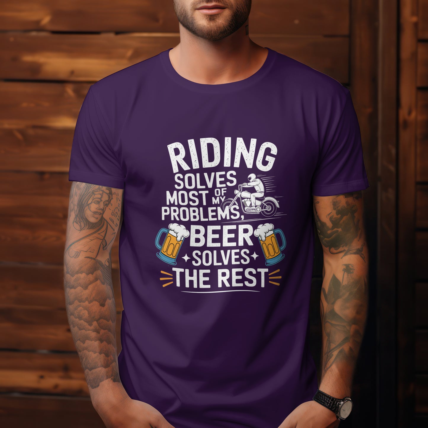 Biker T-Shirt Round Neck Half Sleeve (Riding Solves Most of My Problems)