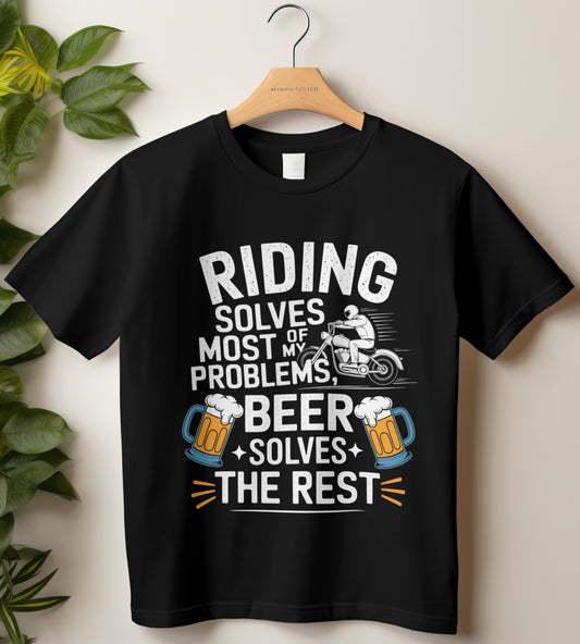 Biker T-Shirt Round Neck Half Sleeve (Riding Solves Most of My Problems)