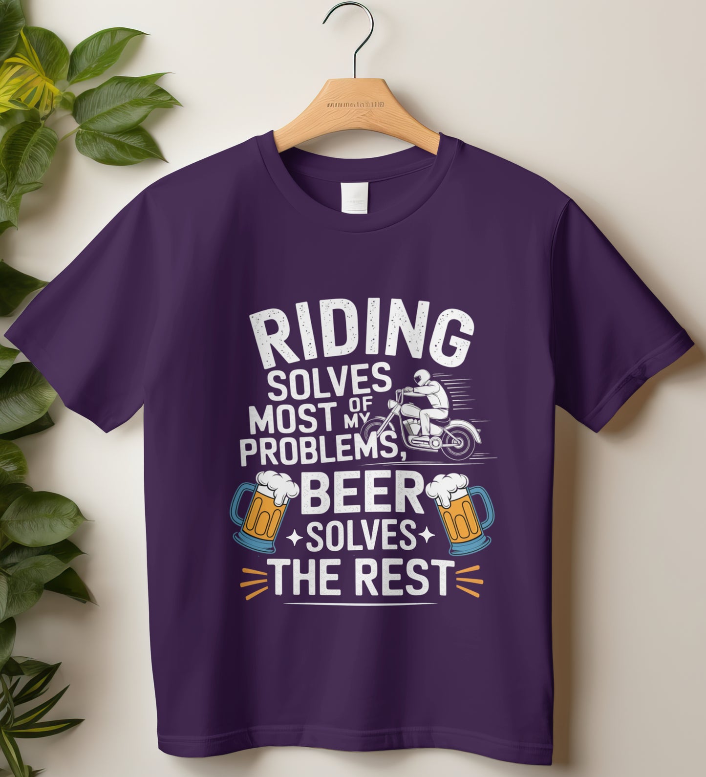 Biker T-Shirt Round Neck Half Sleeve (Riding Solves Most of My Problems)