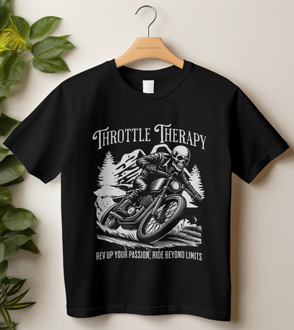 Biker T-Shirt Round Neck Half Sleeve (Throttle Therapy Skull Rider)