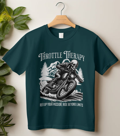 Biker T-Shirt Round Neck Half Sleeve (Throttle Therapy Skull Rider)