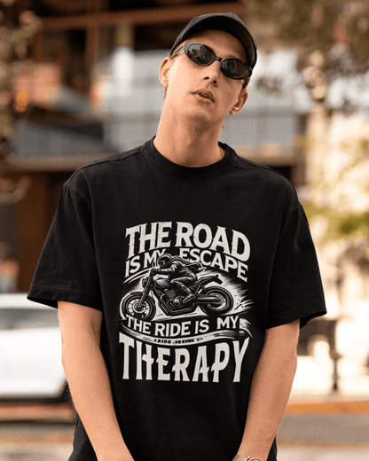 Oversized Biker T-Shirt Round Neck Half Sleeve (The Road is My Escape)