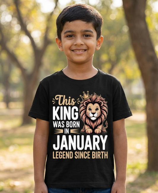 January Kid's Birthday Crew Neck T-Shirt (This King was born in January)