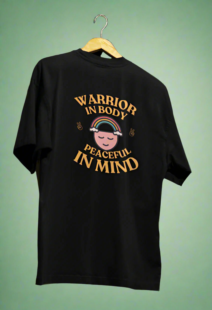 Round Neck Men Oversized T-Shirt Half Sleeve (Warrior in Body, Peaceful in Mind)