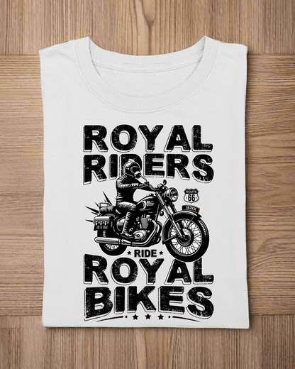 Round Neck Half Sleeve Biker T-Shirt White (Royal Riders Ride Royal Bikes)