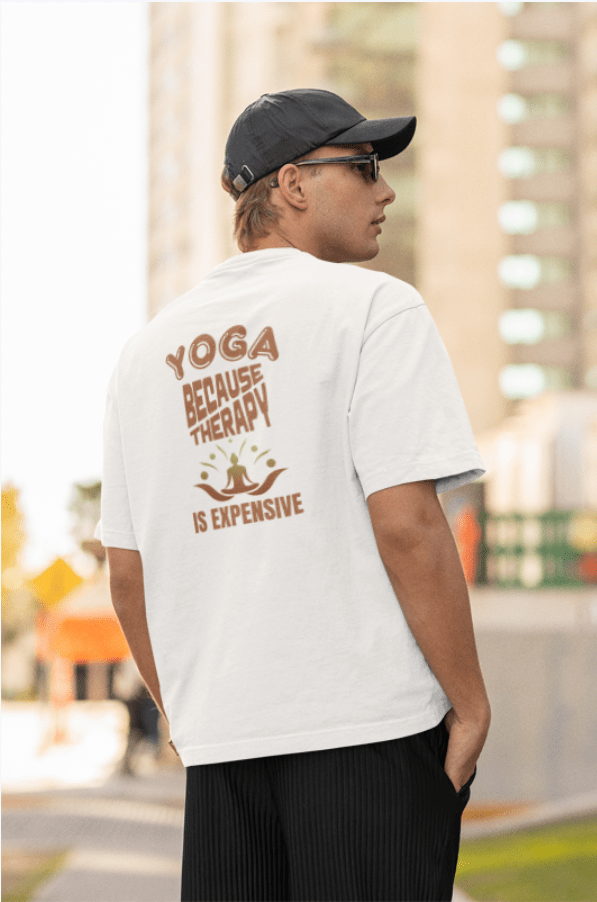 Round Neck Men Oversized T-Shirt Half Sleeve (Yoga B'Coz Therapy is Expensive)